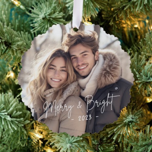 Merry and bright script photo light green ornament card