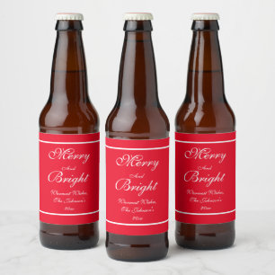 Merry And Bright Script Rustic Red Christmas Beer Bottle Label