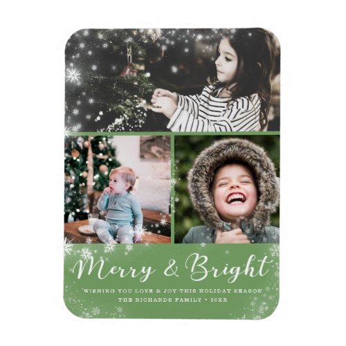 Merry and Bright Script Snow Overlay Photo Collage Magnet