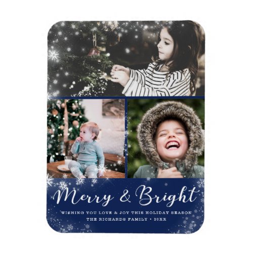 Merry and Bright Script Snow Overlay Photo Collage Magnet