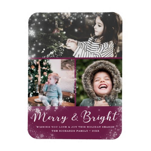 Merry and Bright Script Snow Overlay Photo Collage Magnet