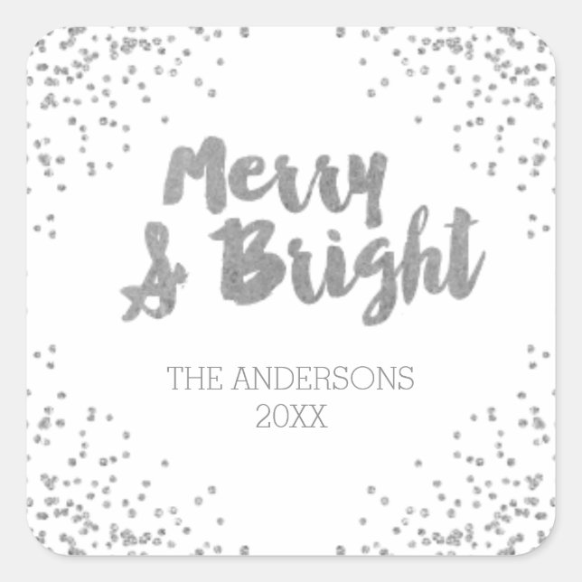 Merry and Bright silver glitter Christmas Stickers (Front)