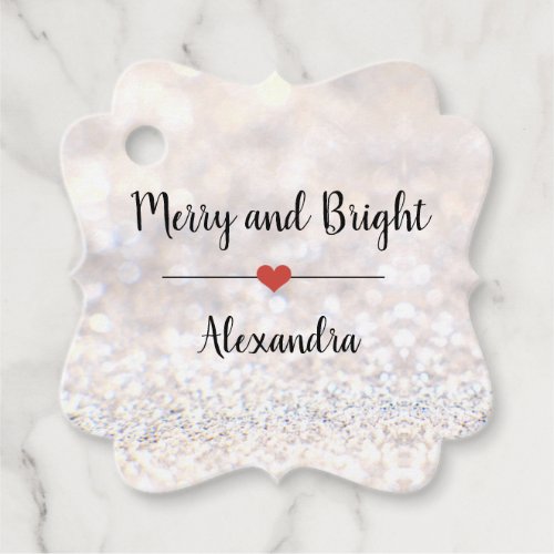 Merry and Bright silver glitter elegant name Favor Tags