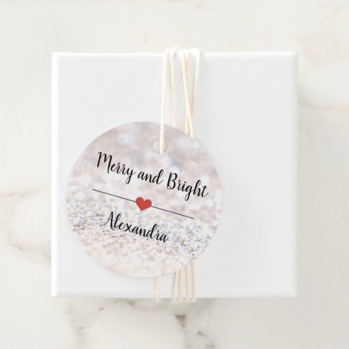 Merry and Bright silver glitter name Favor Tag