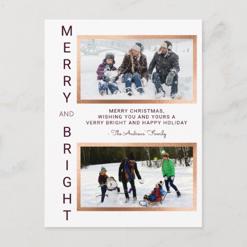 Merry and Bright Simple Burgundy Photo Christmas Postcard