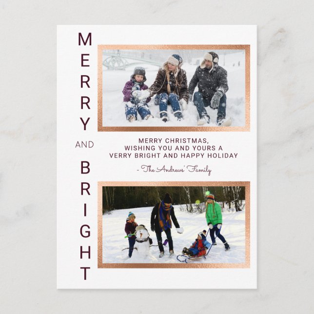 Merry and Bright Simple Burgundy Photo Christmas Postcard (Front)