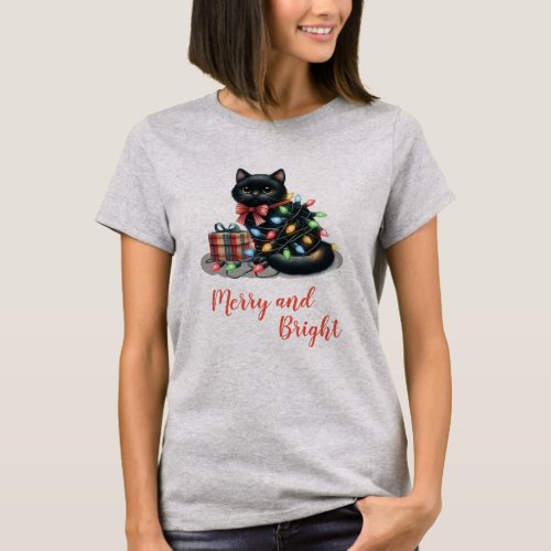 Merry and Bright Simple Cute Cat Illustration T_Shirt