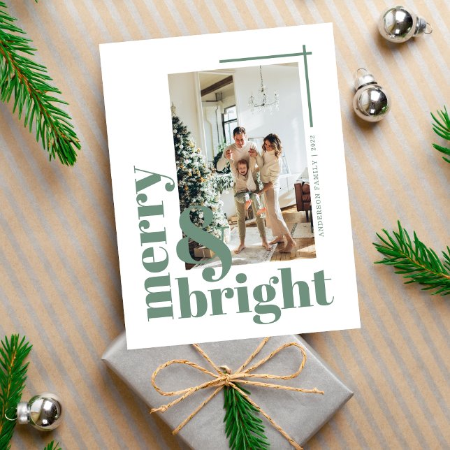 Merry and Bright Simple Photo Sage Green Christmas Postcard (Creator Uploaded)