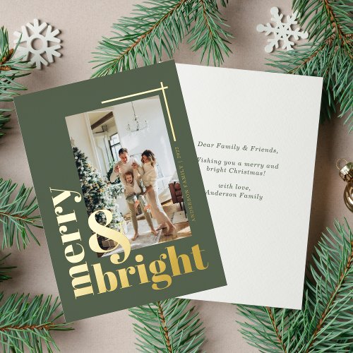 Merry and Bright Simple Photo Sage Green Foil Holiday Card