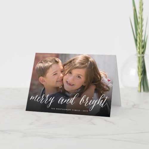 Merry and Bright Simple White Script Modern Photo Holiday Card