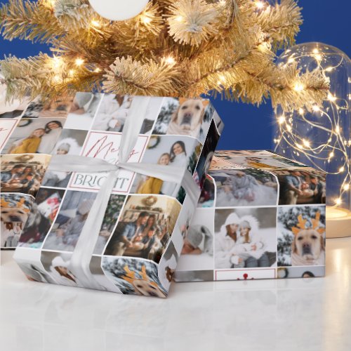 Merry and bright snow 8 photos grid collage white wrapping paper