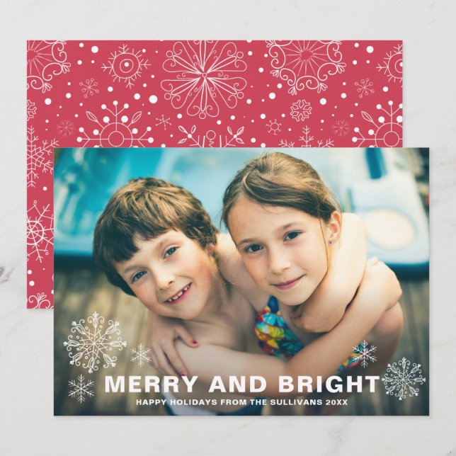 Merry and Bright Snowflakes Christmas Photo Holiday Card (Front/Back)