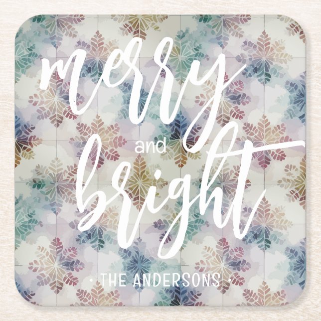 Merry and Bright Snowflakes Christmas Square Paper Coaster (Front)