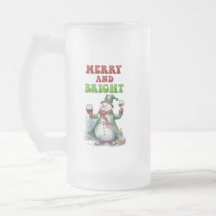 Merry and Bright Snowman Frosted Glass Beer Mug