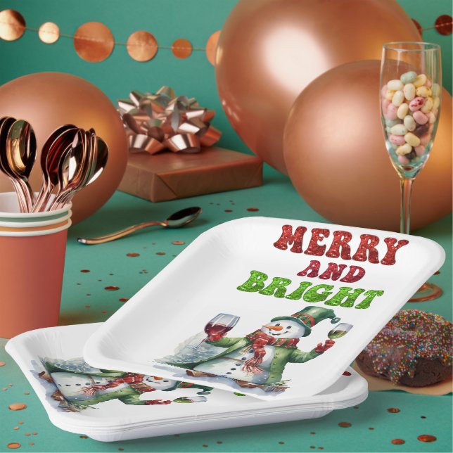 Merry and Bright Snowman  Paper Plates (Multi)