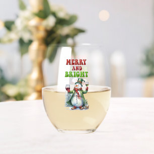 Merry and Bright Snowman Stemless Wine Glass