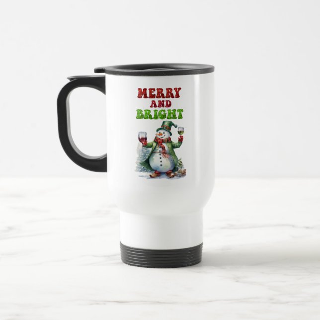 Merry and Bright Snowman  Travel Mug (Left)