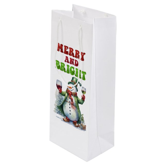 Merry and Bright Snowman  Wine Gift Bag (Front Angled)
