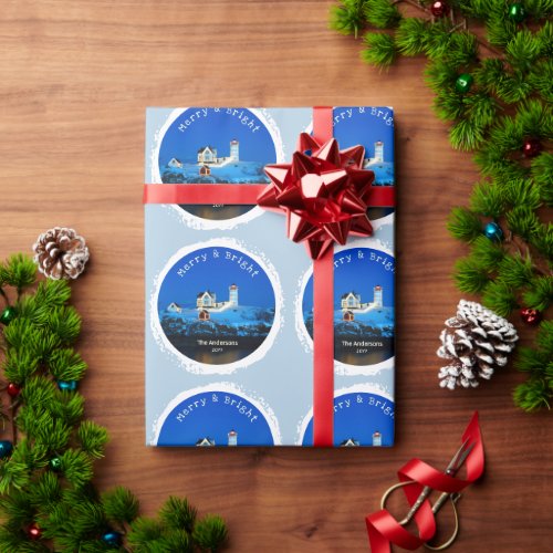 Merry and Bright Snowy Nubble Lighthouse Christmas Wrapping Paper