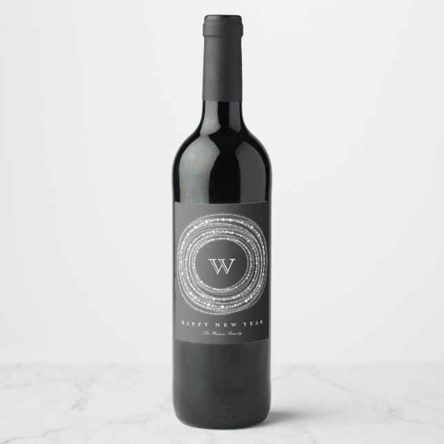 Merry And Bright Sparkles Circles Monogram Holiday Wine Label (Front)