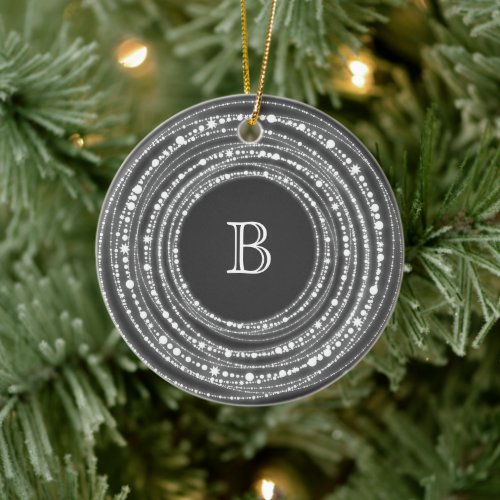 Merry And Bright Sparkles Monogram Christmas Photo Ceramic Ornament