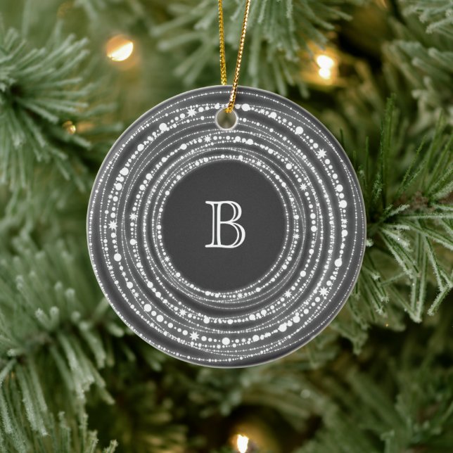 Merry And Bright Sparkles Monogram Christmas Photo Ceramic Ornament (Tree)