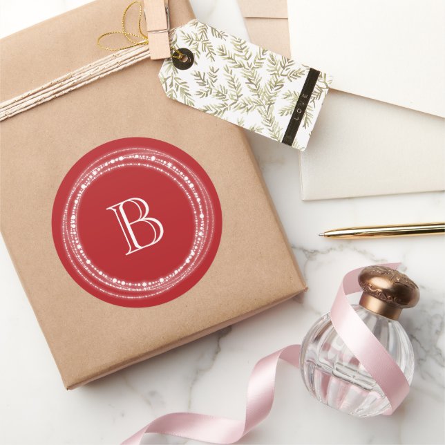 Merry And Bright Sparkles Monogram Stylish Holiday Classic Round Sticker (Gifting)