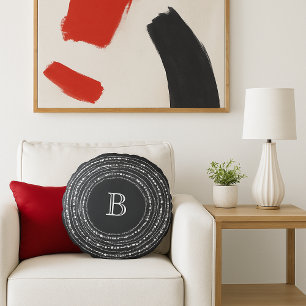 Merry And Bright Sparkles Monogram Stylish Holiday Round Pillow