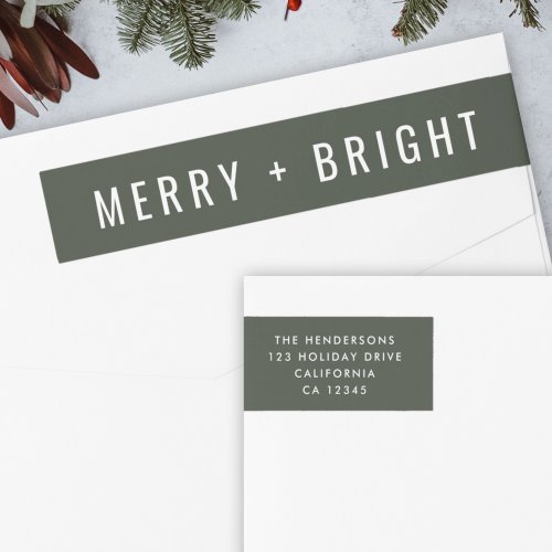 Merry and Bright  Stylish Dark Green Christmas Wrap Around Label
