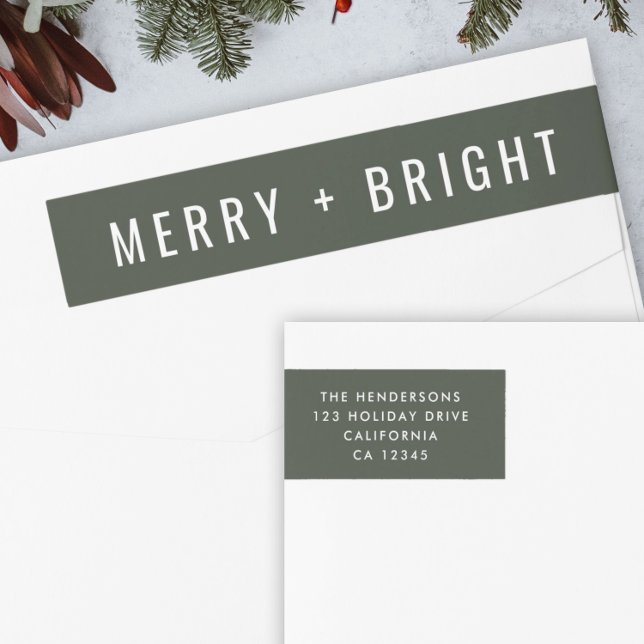 Merry and Bright | Stylish Dark Green Christmas Wrap Around Label