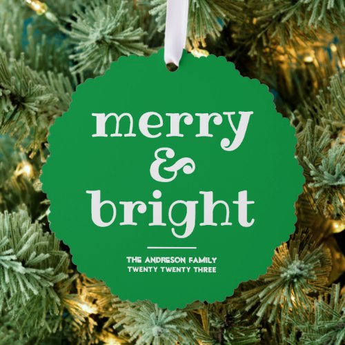 Merry and Bright  Stylish elegant Green Christmas Ornament Card