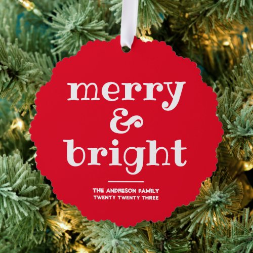 Merry and Bright  Stylish elegant red Christma Ornament Card