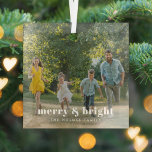 Merry and Bright | Stylish Family Photo Christmas Glass Ornament<br><div class="desc">A stylish modern holiday photo ornament with a bold retro typography quote "merry & bright" in white over a full photo. The greeting, name and year can be easily customized for a personal touch. A trendy, minimalist and contemporary design to stand out this holiday season! The image shown is for...</div>