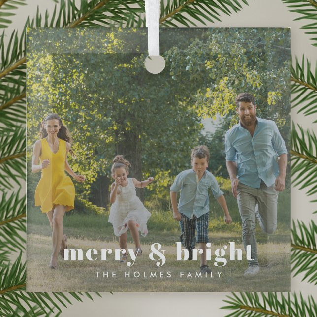 Merry and Bright | Stylish Family Photo Christmas Glass Ornament (Creator Uploaded)