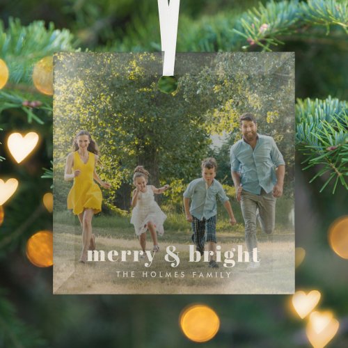 Merry and Bright  Stylish Family Photo Christmas Glass Ornament