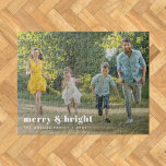 Merry and Bright | Stylish Family Photo Christmas Jigsaw Puzzle<br><div class="desc">A stylish modern holiday photo jigsaw puzzle with a bold retro typography quote "merry & bright" in white. The greeting, name and message can be easily customized for a personal touch. A trendy, minimalist and contemporary design to stand out this holiday season! The image shown is for illustration purposes only...</div>