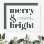 Merry and Bright | Stylish Forest Green Christmas Holiday Card<br><div class="desc">A stylish modern flat holiday greeting card with a bold retro typography quote "merry & bright" in dark forest green on a white background with a complementary feature color on the reverse. The greeting, message and name can be easily customized to suit your needs. A trendy fun design to stand...</div>