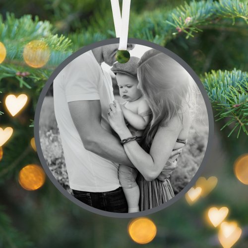 Merry and Bright  Stylish Gray Christmas Photo Metal Ornament