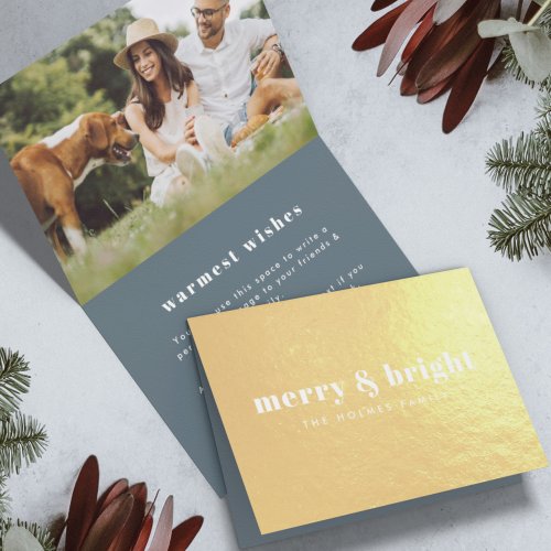 Merry and Bright  Stylish Modern Photo Xmas Gold Foil Card