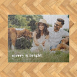 Merry and Bright | Stylish Modern Photo Xmas Jigsaw Puzzle<br><div class="desc">A stylish modern holiday photo jigsaw puzzle with a bold retro typography quote "merry & bright" in white. The greeting, name and message can be easily customized for a personal touch. A trendy, minimalist and contemporary design to stand out this holiday season! The image shown is for illustration purposes only...</div>