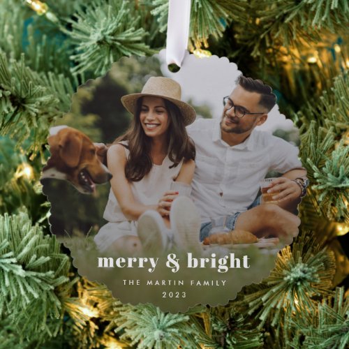Merry and Bright  Stylish Modern Photo Xmas Ornament Card