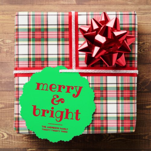 Merry and Bright  Stylish red  green Christma Ornament Card