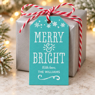 Merry and Bright Teal Snowflake Christmas Gift Tags