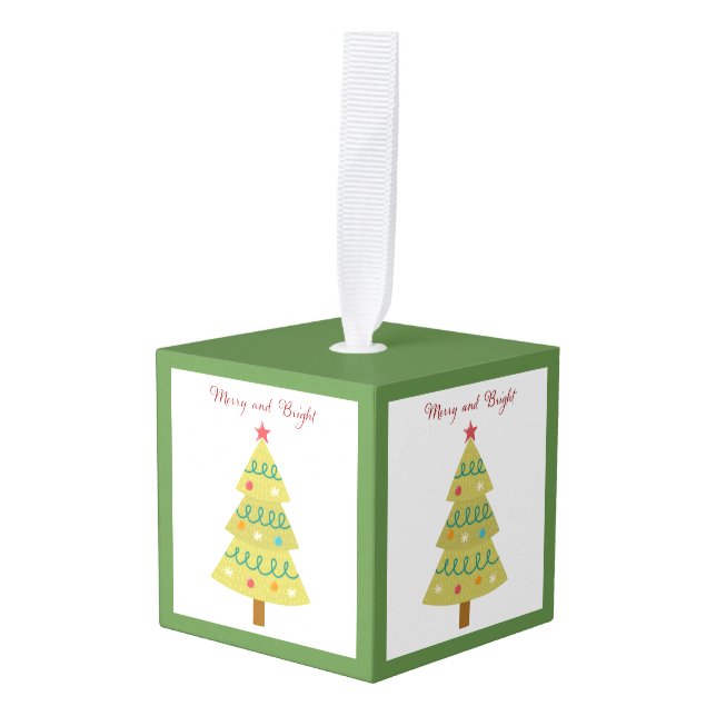 Merry and Bright Tissue Box Cover Cube Ornament (Front Angled)