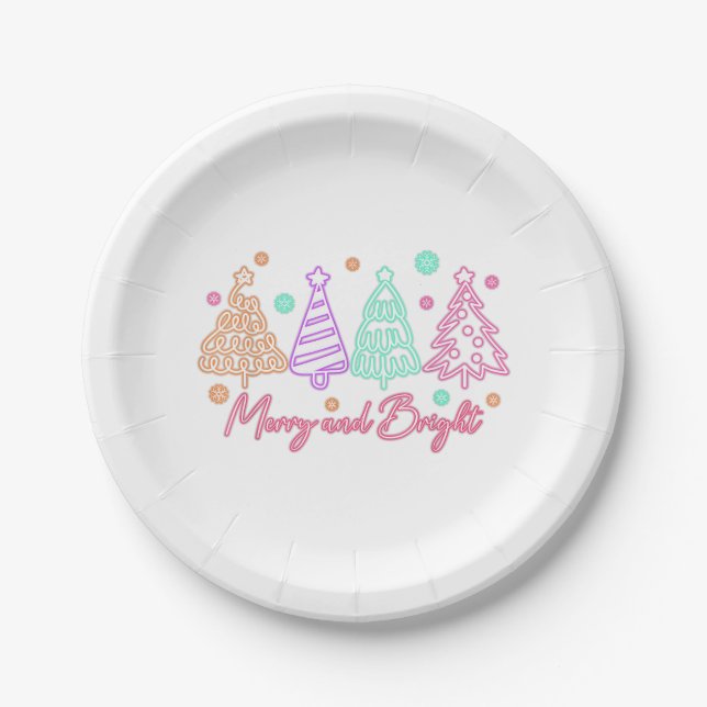 Merry and Bright Tree Neon Christmas Paper Plates (Front)