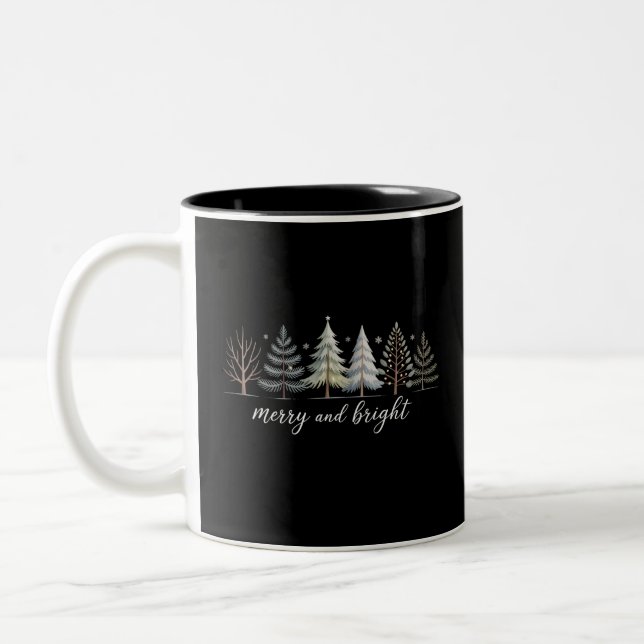 Merry and Bright Trees Christmas Holiday Winter Two-Tone Coffee Mug (Left)