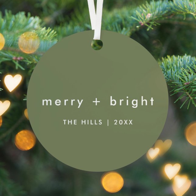 Merry and Bright | Trendy Moss Green Christmas Metal Ornament (Creator Uploaded)
