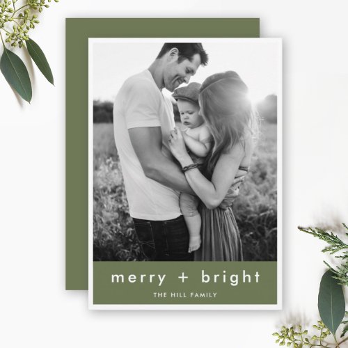Merry and Bright Trendy Moss Green Christmas Photo Holiday Card
