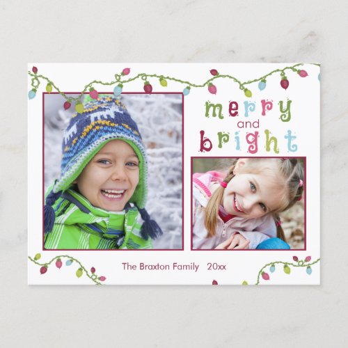 Merry and Bright Two Photos Multi_Color Holiday Postcard