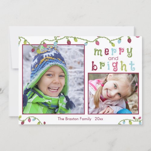 Merry and Bright Two Photos Pink Accent Holiday Card
